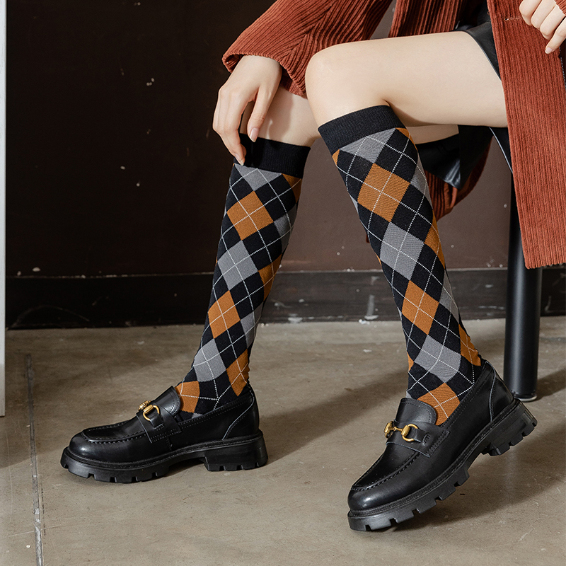 Chaussettes hautes femme en coton à motif losanges