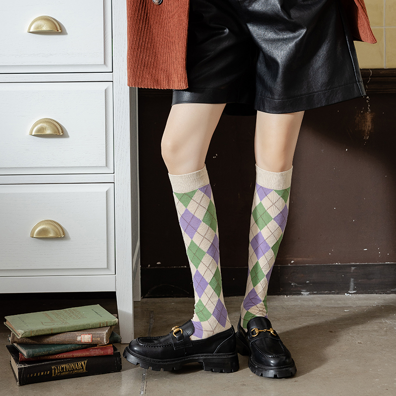 Chaussettes hautes femme en coton à motif losanges