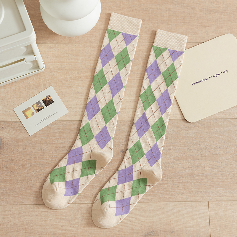 Chaussettes hautes femme en coton à motif losanges